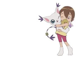 Rule 34 | 1girl, blue eyes, brown eyes, brown hair, digimon, digimon (creature), grey background, hamoo8686, highres, holding digimon, no shoes, one eye closed, pink shorts, shirt, short hair, shorts, simple background, smile, socks, standing, tail, tail ornament, tail ring, tailmon, tongue, tongue out, white socks, yagami hikari, yellow shirt