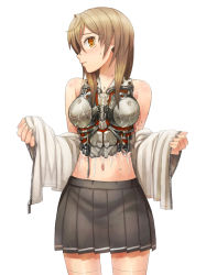 Rule 34 | 1girl, android, android girl (itou), blush, brown hair, damaged, highres, itou (onsoku tassha), long hair, looking at viewer, mechanical parts, navel, open clothes, orange eyes, original, pleated skirt, simple background, skirt, solo, suggestive fluid, tears, white background