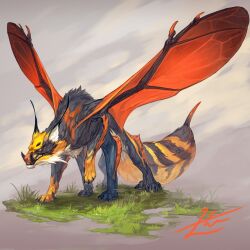 Rule 34 | animal ears, animal focus, arthropod tail, chimera, claws, clenched teeth, full body, grass, grey background, highres, insect wings, leg up, monster, multiple legs, no humans, orange eyes, orange wings, original, signature, simple background, solo, stinger, tail, teeth, tusks, wings, yamamura le