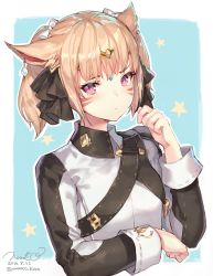 Rule 34 | 10s, 1girl, 2016, :&lt;, alternate hairstyle, animal ears, artist name, blonde hair, blush, bow, cat ears, dated, earrings, facial mark, final fantasy, final fantasy xiv, hair bow, jewelry, looking at viewer, miqo&#039;te, momoko (momopoco), purple eyes, short twintails, solo, star (symbol), starry background, twintails, twitter username, two-tone background, uniform, upper body, warrior of light (ff14), white bow