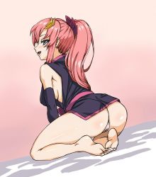 Rule 34 | 00s, 1girl, ass, bare shoulders, barefoot, blush, breasts, dress, galugama, gundam, gundam seed, gundam seed destiny, hair ornament, lacus clyne, large breasts, long hair, looking at viewer, open mouth, panties, pink hair, ponytail, purple eyes, shiny skin, short dress, smile, solo, thong, underwear
