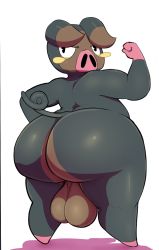 Rule 34 | 1boy, animal ears, ass, black eyes, creatures (company), flexing, from behind, frown, furry, game freak, highres, huge ass, huge testicles, kingofacesx, lechonk, looking at viewer, looking back, male focus, nintendo, nude, pig ears, plump, pokemon, pokemon (creature), standing, testicles, thick thighs, thighs, uncensored, white background, wide hips