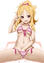 Rule 34 | 1girl, :d, absurdres, akazawa red, bikini, blonde hair, blush, bottle, bow, breasts, brown eyes, cleavage, clothes pull, collarbone, content rating, cowboy shot, drill hair, eromanga sensei, front-tie bikini top, front-tie top, hair bow, hand under clothes, hand under swimsuit, highres, long hair, looking at viewer, lube, medium breasts, navel, one-piece swimsuit pull, open mouth, pink bikini, pink bow, pinky out, pointy ears, ponytail, pouring, red bow, ringlets, side-tie bikini bottom, sitting, smile, solo, spread legs, striped bikini, striped clothes, swimsuit, yamada elf