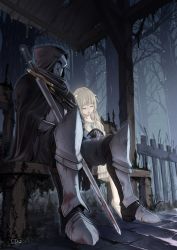 Rule 34 | 1boy, 1girl, 5tatsu, armor, bench, black cloak, black pants, blonde hair, blunt bangs, breastplate, cloak, closed eyes, covered face, dress, ender lilies quietus of the knights, fence, flats, full body, gauntlets, greave (asterism), hair ornament, helmet, highres, hood, hood up, hooded cloak, jewelry, leaning on person, lily (ender lilies), necklace, pants, picket fence, plate armor, rain, sitting, sword, umbral knight (ender lilies), water drop, weapon, white dress, white footwear, wooden bench, wooden fence