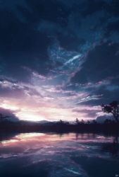 Rule 34 | blurry, chinese commentary, cloud, dark, depth of field, forest, highres, hill, lake, nature, night, night sky, no humans, original, outdoors, reflection, scenery, signature, sky, skyrick9413, star (sky), sunrise, tree, twilight, water