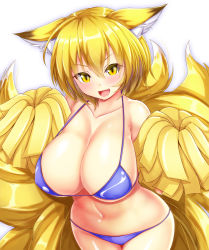 Rule 34 | &gt;:d, 1girl, :d, alternate costume, animal ears, bikini, blonde hair, blush, breasts, cleavage, curvy, ebi 193, fang, female focus, fox ears, fox tail, large breasts, leaning forward, looking at viewer, multiple tails, navel, open mouth, pom pom (cheerleading), short hair, simple background, slit pupils, smile, solo, swimsuit, tail, touhou, v-shaped eyebrows, white background, wide hips, yakumo ran, yellow eyes