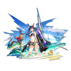 Rule 34 | 1girl, arknights, bare arms, bare shoulders, bikini, bird, black bikini, blue hair, blue sky, breasts, ch&#039;en (arknights), ch&#039;en the holungday (arknights), ch&#039;en the holungday (elite ii) (arknights), cloud, cowboy shot, day, dragon horns, elite ii (arknights), flower, grey shorts, gun, hair flower, hair ornament, halterneck, highleg, highleg bikini, highres, holding, holding gun, holding weapon, horns, long hair, looking at viewer, medium breasts, micro shorts, navel, official alternate costume, official art, outdoors, parrot, pink eyes, red flower, revision, rubber duck, shorts, sky, solo, standing, stomach, swimsuit, thighs, transparent background, wading, water, weapon, yui (niikyouzou)