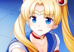 Rule 34 | 1girl, bad id, bad twitter id, bare shoulders, bishoujo senshi sailor moon, bishoujo senshi sailor moon s, blonde hair, blue eyes, blue sailor collar, blush, bow, bowtie, breasts, choker, cleavage, clenched teeth, collarbone, commentary, crescent, crescent earrings, derivative work, earrings, eyelashes, from side, hair ornament, heart, heart choker, jewelry, meme, parted bangs, parted lips, red bow, red bowtie, red choker, rui shi (rayze ray), sailor collar, sailor moon, sailor moon redraw challenge (meme), school uniform, screenshot redraw, serafuku, solo, sweatdrop, teeth, tiara, tsukino usagi, twintails, twitter username, upper body