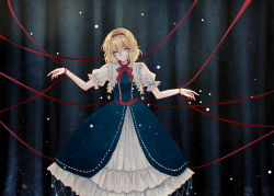 Rule 34 | 1girl, alice margatroid, blonde hair, blue eyes, bound, bound wrists, commentary, dress, embellished costume, frilled dress, frills, hairband, looking at viewer, neck ribbon, ribbon, sash, short hair, shuiwuyue lian, solo, string, string of fate, touhou