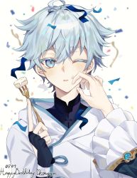 Rule 34 | 2boys, absurdres, ahoge, black gloves, blue eyes, blue hair, blush, cake, character name, chinese clothes, chongyun (genshin impact), colored eyelashes, commentary request, confetti, dated, eyelashes, fingerless gloves, food, food on face, fork, frilled sleeves, frills, genshin impact, gloves, hair between eyes, hand up, happy birthday, highres, holding, holding fork, hood, hood down, hooded jacket, jacket, long sleeves, looking at viewer, male focus, multiple boys, one eye closed, parted lips, pov, purinzu, short hair, solo focus, upper body, vision (genshin impact), white background, white jacket, wide sleeves, xingqiu (genshin impact)