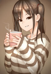 Rule 34 | 1girl, bad id, bad pixiv id, brown background, brown eyes, brown hair, brown sweater, brown theme, drink, highres, holding, holding drink, long hair, long sleeves, looking at viewer, mogtate, original, parted lips, smile, solo, steam, striped clothes, striped sweater, sweater, twintails, upper body, white sweater