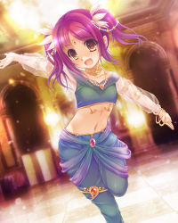 Rule 34 | 1girl, aocchi, brown eyes, dancing, female focus, hair ornament, highres, long hair, navel, open mouth, original, purple hair, solo, traditional clothes, twintails
