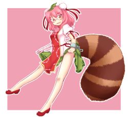 Rule 34 | 1girl, bandages, bare legs, bun cover, cosplay, cuffs, double bun, flower, futatsuiwa mamizou, ganmaganmo, glasses, highres, ibaraki kasen, ibaraki kasen (cosplay), leaf, leaf on head, object on head, pink hair, puffy sleeves, raccoon tail, red eyes, rose, shackles, short sleeves, skirt hold, slippers, slit pupils, smile, solo, tabard, tail, touhou