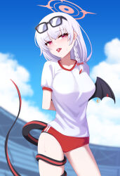 Rule 34 | 1girl, absurdres, arms behind back, blue archive, blue sky, braid, buruma, cloud, demon wings, eyewear on head, grey hair, gym shirt, gym uniform, halo, haruna (blue archive), haruna (track) (blue archive), highres, long hair, looking at viewer, official alternate costume, red buruma, red eyes, red halo, shirt, side braid, single wing, sky, solo, standing, sunglasses, tail, tail around own leg, tost (cloi123), white shirt, wing piercing, wings