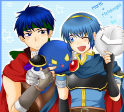 Rule 34 | 3boys, angry, armor, artist request, blue eyes, blue hair, blush, cape, fingerless gloves, fire emblem, fire emblem: mystery of the emblem, fire emblem: path of radiance, gloves, headband, ike (fire emblem), kirby (series), male focus, marth (fire emblem), mask, meta knight, multiple boys, nintendo, open mouth, pauldrons, poking, short hair, shoulder armor, shoulder pads, smile, super smash bros., sweatdrop, tiara, wink, yellow eyes