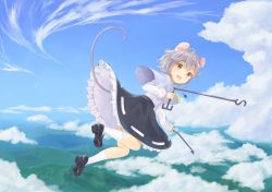 Rule 34 | 1girl, animal ears, black skirt, blue sky, capelet, cloud, cloudy sky, commentary, day, dowsing rod, flying, frilled skirt, frilled sleeves, frills, grey capelet, grey hair, highres, holding, horizon, jewelry, loafers, long sleeves, looking at viewer, mouse ears, mouse girl, mouse tail, nagiyu (shirokuma village), nazrin, necklace, open mouth, outdoors, pendant, red eyes, ribbon-trimmed skirt, ribbon trim, shirt, shoes, short hair, skirt, sky, smile, socks, solo, tail, touhou, white shirt, white socks