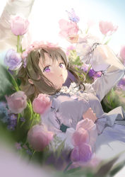 Rule 34 | 1girl, :o, absurdres, anmi, backlighting, blush, brown hair, bug, butterfly, colored inner hair, commission, day, dress, flower, frilled dress, frilled sleeves, frills, hair flower, hair ornament, hand on own stomach, highres, insect, long hair, long sleeves, looking at viewer, lying, multicolored hair, on back, on grass, on ground, open mouth, original, outdoors, petals, pink flower, pixiv commission, purple eyes, purple flower, purple hair, purple tulip, solo, sunlight, tulip, two-tone hair, white dress