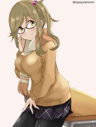 Rule 34 | 1girl, adjusting eyewear, bespectacled, breasts, fang, fang out, glasses, green eyes, inuyama aoi, long hair, looking at viewer, pantyhose, scarf, school uniform, side ponytail, skin fang, skirt, smile, solo, sweater, tasora, thick eyebrows, yurucamp