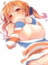Rule 34 | 10s, 1girl, blush, breast suppress, breasts, breasts squeezed together, brown hair, crying, crying with eyes open, dutch angle, hato haru, highres, idolmaster, idolmaster cinderella girls, large breasts, long hair, looking at viewer, nipples, orange eyes, orange hair, scrunchie, shirt, simple background, solo, striped clothes, striped shirt, striped sweater, sweat, sweater, tears, top pull, totoki airi, twintails, white background, yellow eyes