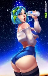 Rule 34 | 1girl, ass, bare shoulders, blue eyes, blue hair, bottle, breast hold, breasts, cowboy shot, curvy, earth-chan, female focus, from side, highres, huge ass, large breasts, looking at viewer, looking back, lord dominik, naughty face, open mouth, original, shiny skin, shirt, short hair, short shorts, shorts, sideboob, solo, thick thighs, thighhighs, thighs, tongue, tongue out, underboob, water, wet, wet clothes
