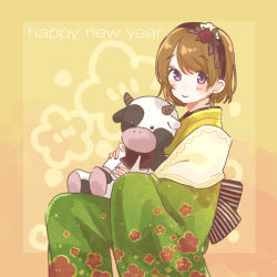 Rule 34 | 1girl, artist name, artist request, back bow, blush, bow, brown bow, brown hair, brown hairband, female focus, floral print, flower, flower print, green kimono, hair between eyes, hair bow, hair flower, hair ornament, hairband, highres, holding, holding stuffed animal, japanese clothes, kimono, koizumi hanayo, looking at viewer, love live!, love live! school idol festival, love live! school idol project, mozuku knd, parted lips, purple eyes, red flower, short hair, smile, solo, striped, striped bow, stuffed animal, stuffed cow, stuffed toy