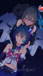 Rule 34 | 2girls, absurdres, black background, blue background, blue eyes, blue hair, bronya zaychik, bronya zaychik (herrscher of reason), closed eyes, closed mouth, copyright name, facing viewer, gradient background, grey hair, guguai jingling, highres, honkai (series), honkai impact 3rd, long hair, looking at another, multiple girls, seele vollerei, short hair, smile, star (symbol), starry background, yuri