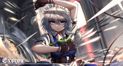 Rule 34 | 1girl, absurdres, apron, black gloves, blue dress, blue eyes, bow, braid, closed mouth, dress, eyes visible through hair, gloves, green bow, green necktie, hair between eyes, hair bow, highres, holding, izayoi sakuya, knife, looking at viewer, maid, maid headdress, medium hair, necktie, pocket watch, puffy short sleeves, puffy sleeves, serious, short sleeves, solo, throwing knife, top-exerou, touhou, twin braids, upper body, waist apron, watch, weapon, white apron