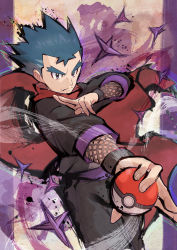 Rule 34 | 1boy, black eyes, black hair, caltrops, closed mouth, commentary request, creatures (company), floating scarf, frown, game freak, hand up, highres, holding, holding poke ball, koga (pokemon), male focus, ninja, nintendo, outstretched arm, poke ball, poke ball (basic), pokemon, pokemon hgss, red scarf, scarf, serious, solo, spiked hair, split mouth, tom (pixiv10026189)
