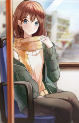 Rule 34 | 1girl, absurdres, between legs, black pants, blue eyes, blurry, blurry background, blurry foreground, brown hair, bus, bus interior, closed mouth, commentary, day, depth of field, double-parted bangs, down jacket, feet out of frame, fu u03, green jacket, hair behind ear, hair between eyes, hand between legs, highres, indoors, jacket, long hair, long sleeves, looking at viewer, motor vehicle, open clothes, open jacket, original, pants, scarf, sitting, solo, sunlight, sweater, yellow scarf, yellow sweater