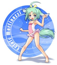 Rule 34 | 10s, 1girl, aged down, ahoge, animal ears, arm up, armpits, barefoot, blue eyes, blush, bow, bow one-piece swimsuit, bow swimsuit, cameltoe, casual one-piece swimsuit, character name, collarbone, covered navel, dog days, dog ears, dog girl, dog tail, dot nose, eclair martinozzi, frilled one-piece swimsuit, frilled swimsuit, frills, from side, full body, green hair, hair bow, hair ornament, hair ribbon, highres, looking at viewer, looking to the side, mao9721, mao (6r), one-piece swimsuit, open mouth, petite, pink bow, pink one-piece swimsuit, ribbon, solo, swimsuit, tail, yellow bow