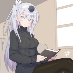 1girl alternate_costume black_pantyhose black_sweater book breasts enoki_p fuyutsuki_(kancolle) grey_eyes grey_hair hachimaki hair_between_eyes headband highres holding holding_book kantai_collection large_breasts long_hair looking_at_viewer one_side_up open_book pantyhose ribbed_sweater smile solo sweater turtleneck turtleneck_sweater very_long_hair