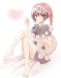 Rule 34 | 1girl, bad id, bad pixiv id, barefoot, bed sheet, black dress, bloomers, blue eyes, blue hair, blush, bottle, breasts, character name, doremy sweet, dress, expressionless, feet, full body, hat, heart, heart-shaped pillow, legs, looking at viewer, matching hair/eyes, multicolored clothes, multicolored dress, nightcap, pillow, pom pom (clothes), short hair, sidelocks, simple background, sitting, small breasts, solo, sui (aruko91), thighs, toes, touhou, underwear, white background, white dress