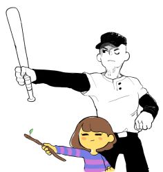 Rule 34 | 1boy, 1other, age difference, androgynous, bald, baseball bat, baseball cap, baseball uniform, brown hair, closed eyes, colored skin, cowboy shot, crossover, frisk (undertale), hat, height difference, inkerton-kun, off (game), one eye closed, outstretched arm, pointing, shaded face, shirt, short hair, simple background, sportswear, stick, striped clothes, striped shirt, the batter (off), undertale, white background, white skin, yellow skin
