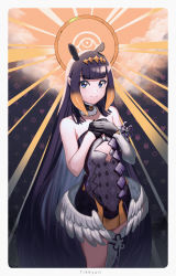 Rule 34 | 1girl, absurdres, artist name, black hair, blue eyes, fikkyun, flat chest, halo, hand over heart, hands on own chest, highres, hololive, hololive english, long hair, looking to the side, mole, mole under eye, ninomae ina&#039;nis, ninomae ina&#039;nis (1st costume), smile, solo, very long hair, virtual youtuber