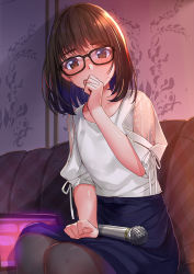 Rule 34 | 1girl, akasaai, black skirt, blush, brown hair, collarbone, covering own mouth, glasses, hand over own mouth, highres, indoors, looking at viewer, medium hair, microphone, original, pantyhose, sitting, skirt, solo