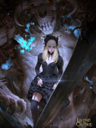 Rule 34 | 1girl, blonde hair, blood, breasts, choker, cleavage, corset, cuts, demon, frilled skirt, frills, gothic lolita, green eyes, hairband, highres, hitodama, injury, jewelry, kilart, lantern, legend of the cryptids, lips, lipstick, lolita fashion, lolita hairband, long hair, makeup, medium breasts, over-kneehighs, planted, planted sword, planted weapon, ring, skirt, skull, solo focus, sword, thighhighs, weapon