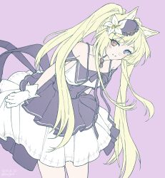 Rule 34 | 1girl, animal ears, arknights, bare shoulders, blonde hair, blue eyes, bonjirix, cat ears, commentary request, cowboy shot, dress, flat color, flower, gloves, grey hat, hair flower, hair ornament, hat, heterochromia, highres, mini hat, nightmare (arknights), nightmare (light and shadow) (arknights), off-shoulder dress, off shoulder, official alternate costume, solo, standing, twintails, white flower, white gloves