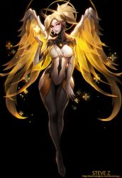 Rule 34 | +, 1girl, adapted costume, armor, artist name, backlighting, black background, blonde hair, blue eyes, blush, breasts, brown legwear, chromatic aberration, cleavage, faulds, full body, glowing, glowing wings, halo, high ponytail, highres, looking at viewer, mechanical halo, mechanical wings, medium breasts, mercy (overwatch), nose, overwatch, overwatch 1, parted lips, pelvic curtain, pink lips, short hair, signature, simple background, smile, solo, spread wings, standing, steve zheng, thigh gap, watermark, web address, wings, yellow wings