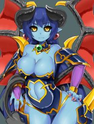 Rule 34 | 1girl, armor, astaroth (shinrabanshou), bad id, bad pixiv id, bare shoulders, black sclera, blue hair, blue leotard, blue skin, breasts, bridal gauntlets, cleavage, closed mouth, clothing cutout, colored sclera, colored skin, cowboy shot, demon girl, demon horns, demon tail, demon wings, detached collar, earrings, faulds, grey background, hand on own hip, heart, heart earrings, highleg, highleg leotard, highres, hip focus, horns, jewelry, large breasts, leotard, light smile, long hair, looking at viewer, midriff, navel, navel cutout, pauldrons, pointy ears, red wings, shinagawa mikuzu, shinrabanshou, shoulder armor, sideboob, simple background, slit pupils, smile, solo, standing, strapless, strapless leotard, tail, thigh gap, thighhighs, very long hair, wings, yellow eyes
