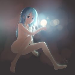 Rule 34 | 1girl, aqua eyes, aqua hair, barefoot, blurry, bokeh, clenched hands, covering breasts, covering privates, depth of field, eyebrows, lost girl (terraria), nude, opticalcore, straight hair, terraria, watermark