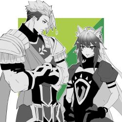 Rule 34 | 1boy, 1girl, absurdres, achilles (fate), animal ear fluff, animal ears, armor, atalanta (fate), border, crossed arms, eyelashes, fate/grand order, fate (series), gloves, green background, hands on own hips, haruakira, height difference, highres, long hair, looking at another, monochrome, multicolored hair, muscular, muscular male, puffy short sleeves, puffy sleeves, short hair, short sleeves, shoulder armor, two-tone hair, undercut, white border