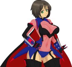 Rule 34 | 1girl, ahoge, aliasing, armor, black hair, black thighhighs, bodysuit, boots, breasts, brown hair, cape, cosplay, covered navel, cowboy shot, garter straps, gauntlets, hand on own hip, honchan, large breasts, maria cadenzavna eve, maria cadenzavna eve (cosplay), nchallenge, nchans, pixel art, power armor, redesign, see-through, senki zesshou symphogear, short hair, simple background, solo, standing, thigh boots, thighhighs, third-party edit, warner, white background