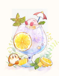 Rule 34 | blush, blush stickers, brown eyes, bubble, closed eyes, closed mouth, commentary request, cup, drink, drinking glass, food, fruit, grey background, guarani (muku 6930), highres, ice, ice cube, innertube, kirby, kirby (series), leaf, lemon, lemon slice, mint, nintendo, no humans, simple background, star (symbol), swim ring, umbrella, waddle dee, white background, yellow innertube