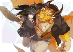 Rule 34 | 1boy, 1girl, abs, bara, bare pectorals, beige pants, black hair, breasts, dragon boy, dragon horns, dragon tail, fighting stance, flying, gakuran, grey skirt, horns, jacket, jewelry, kamado023, large pectorals, long hair, protagonist 2 (housamo), muscular, muscular male, necklace, necktie, open clothes, open jacket, ophion (housamo), pectorals, pointing weapon, red eyes, scales, school uniform, serious, skirt, stomach, sword, tail, thick thighs, thighs, tokyo houkago summoners, weapon, wooden sword, yellow wings