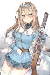 Rule 34 | 1girl, bad id, bad pixiv id, black shirt, blue eyes, blue hairband, blue jacket, blue skirt, blush, brown hair, closed mouth, collared shirt, commentary, dore (gilles dore), dress shirt, fur-trimmed jacket, fur trim, girls&#039; frontline, gloves, gradient background, grey background, gun, hair between eyes, hair ornament, hairband, head tilt, holding, holding gun, holding weapon, jacket, long hair, long sleeves, looking at viewer, name connection, object namesake, one side up, pleated skirt, revision, shirt, skirt, snowflake hair ornament, solo, striped clothes, striped skirt, submachine gun, suomi (girls&#039; frontline), suomi kp/-31, thighhighs, vertical-striped clothes, vertical-striped skirt, weapon, white background, white gloves, white thighhighs