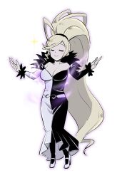 Rule 34 | 1girl, absurdly long hair, bare shoulders, belt, blackheart, blonde hair, breasts, cleavage, closed eyes, dress, full body, fur trim, high ponytail, highres, hilda (under night in-birth), large breasts, long dress, long hair, long sleeves, multicolored clothes, off-shoulder dress, off shoulder, ponytail, simple background, smile, solo, sparkle, swept bangs, two-tone dress, under night in-birth, very long hair, white background
