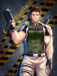 Rule 34 | 1boy, bara, biceps, brown hair, bulge, character name, chris redfield, covered abs, covered navel, cowboy shot, facial hair, fingerless gloves, gloves, gun, hand up, holding, holding gun, holding weapon, looking at viewer, male focus, microphone, muscular, muscular male, pants, pectorals, resident evil, resident evil 5, shirt, short hair, skin tight, solo, stubble, taut clothes, taut shirt, thick thighs, thighs, tight shirt, veins, weapon, white pants, yzpyn