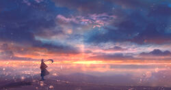 Rule 34 | 1girl, ahoge, capelet, cloud, cloudy sky, commentary request, dress, fantasy, from behind, highres, horizon, light particles, long hair, original, outdoors, ponytail, sakimori (hououbds), scenery, sky, solo, standing, sunset, wind