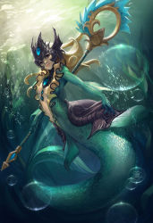 Rule 34 | 1girl, air bubble, blonde hair, breasts, bubble, center opening, fins, floating hair, frills, full body, gorget, gradient background, helmet, holding, holding weapon, jewelry, league of legends, long hair, lucidsky, md5 mismatch, mermaid, monster girl, nami (league of legends), outstretched arm, red eyes, scales, seaweed, signature, solo, staff, swimming, underwater, weapon