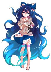 Rule 34 | 1girl, absurdly long hair, antinomy of common flowers, barefoot, blue bow, blue eyes, blue hair, blue skirt, bow, bowl, bracelet, dairi, damaged, debt, full body, hair bow, hood, hoodie, jewelry, long hair, looking at viewer, short sleeves, skirt, solo, standing, straight-on, stuffed animal, stuffed cat, stuffed toy, tachi-e, touhou, transparent background, very long hair, yorigami shion